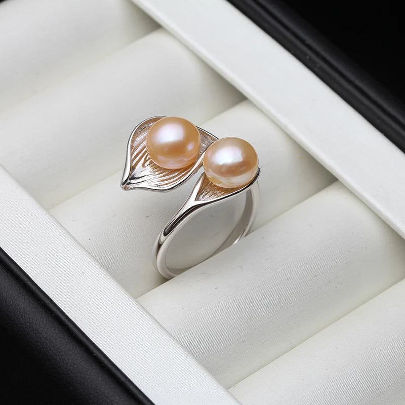 MOON Real Natural Freshwater White Black Double Pearl Ring Boho Fashion Leaf 925 Sterling Silver Rings For Women