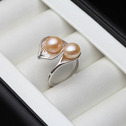 MOON Real Natural Freshwater White Black Double Pearl Ring Boho Fashion Leaf 925 Sterling Silver Rings For Women
