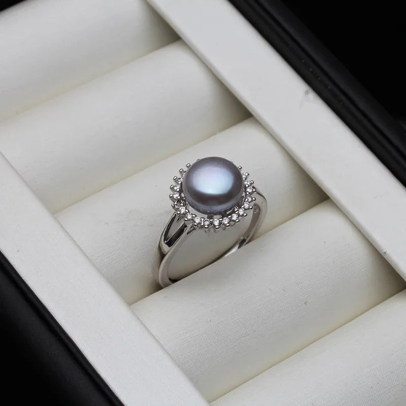 SALY 925 Sterling Silver Ring With Pearls Woman,Resizable Real Natural Freshwater Grey Pearl Rings Fine Jewelry