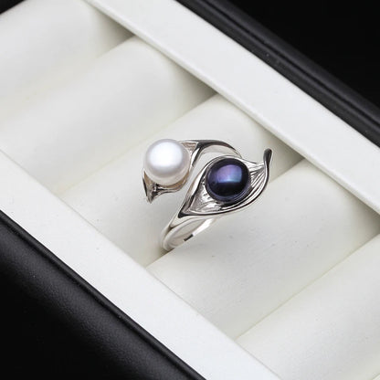 MOON Real Natural Freshwater White Black Double Pearl Ring Boho Fashion Leaf 925 Sterling Silver Rings For Women