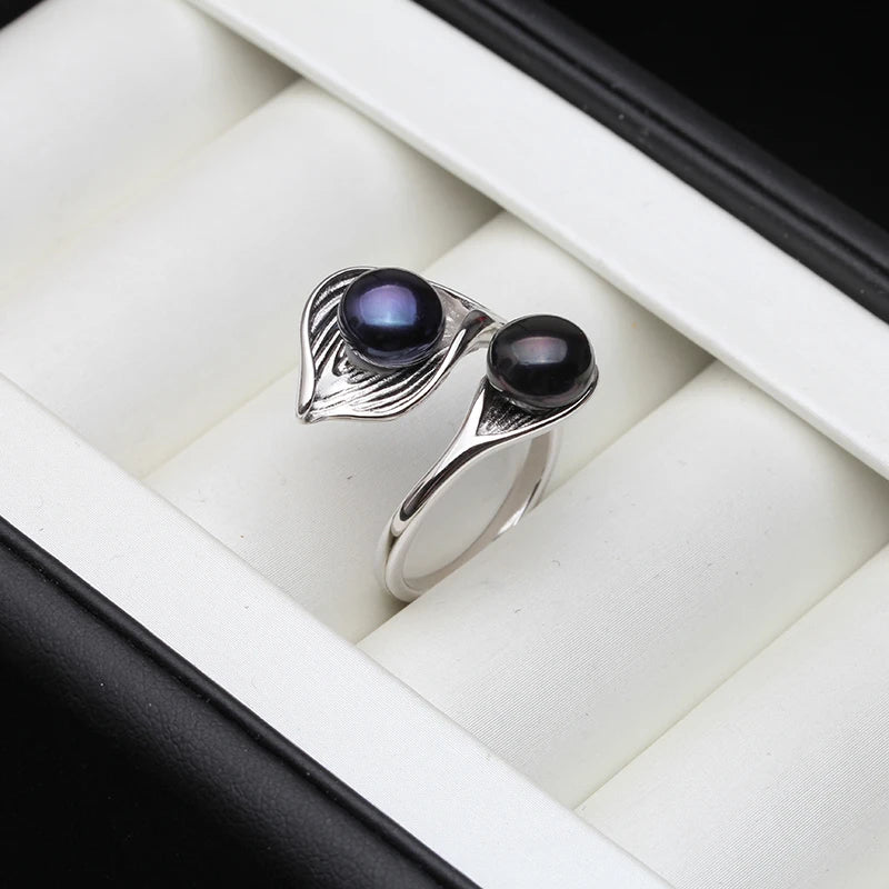 MOON Real Natural Freshwater White Black Double Pearl Ring Boho Fashion Leaf 925 Sterling Silver Rings For Women