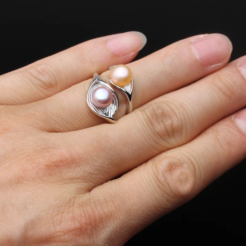 MOON Real Natural Freshwater White Black Double Pearl Ring Boho Fashion Leaf 925 Sterling Silver Rings For Women